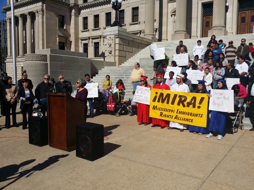 A protest in favor of immigrants rights at the Mississippi state legislature. Photo by Robert L. Reece.