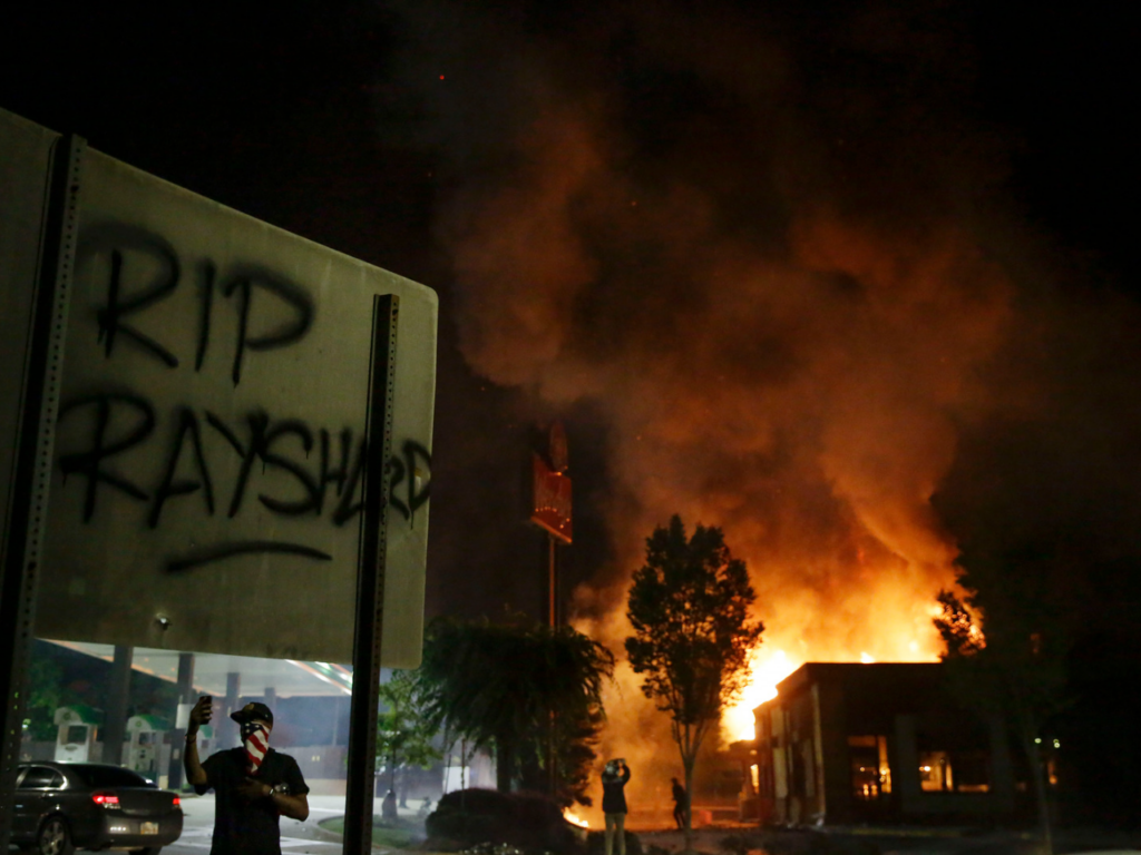 Flames engulf a Wendy's restaurant where Rayshard Brooks was shot and killed by police in Atlanta in 2020. AP Photo/Brynn Anderson. Black and Palestinian solidarity.
Forever, I Love(d) Atlanta