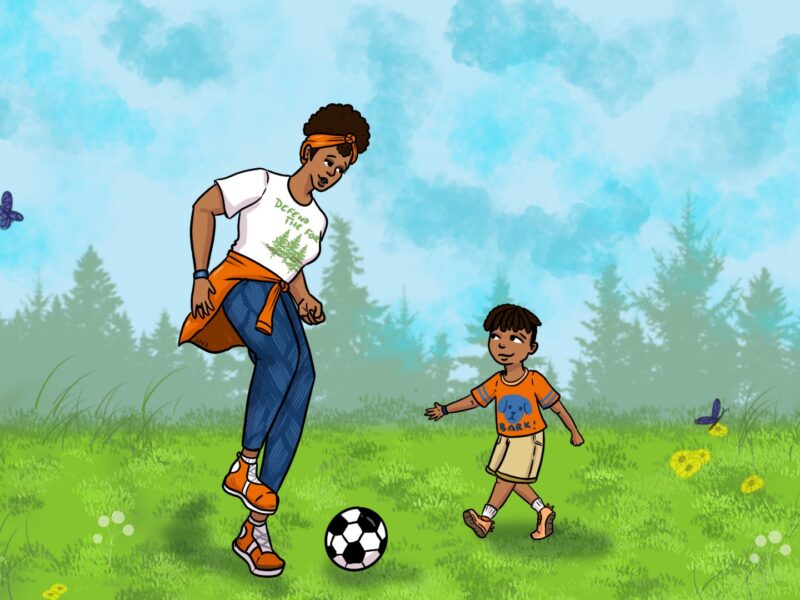A storybook illustration of a Black mother playing soccer with her Black son in the park.