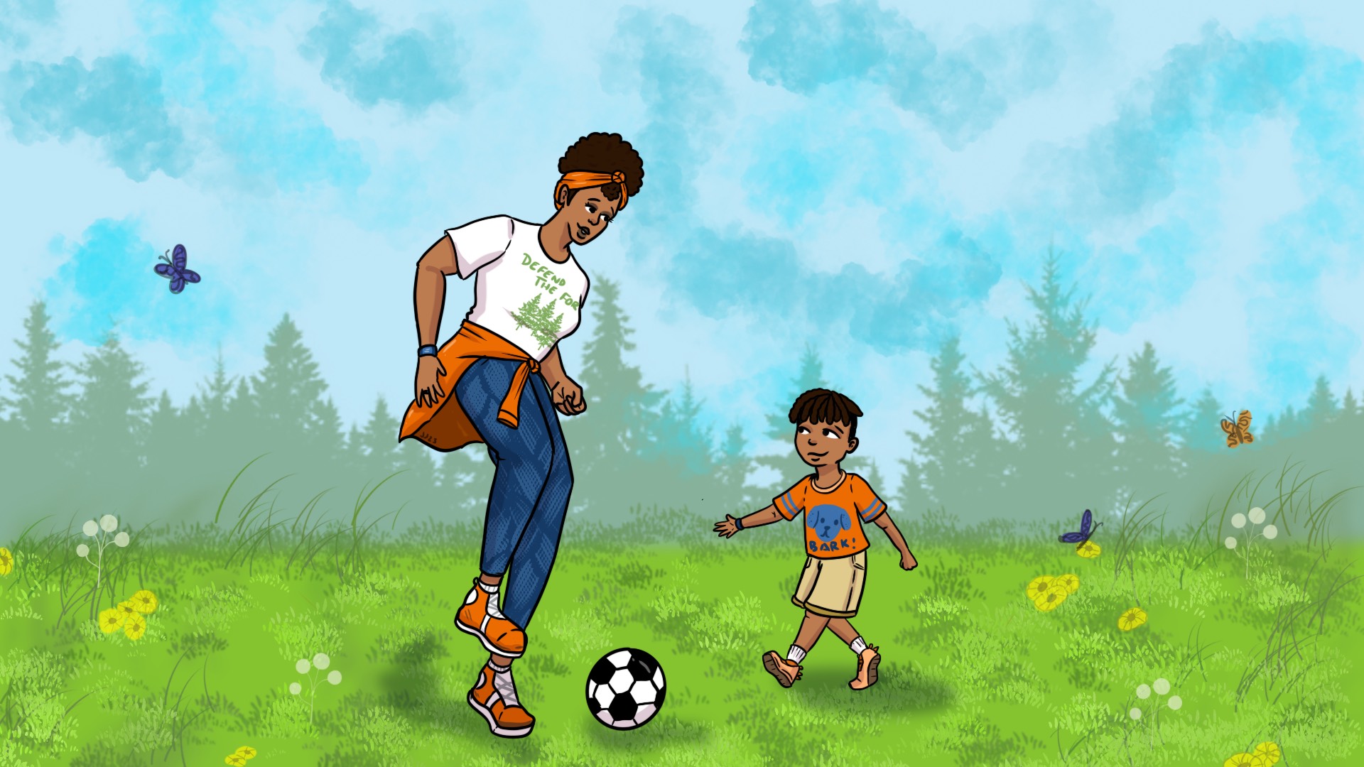 A storybook illustration of a Black mother playing soccer with her Black son in the park.