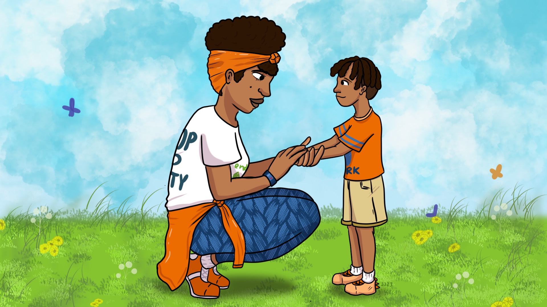 A storybook illustration of a Black mother kneeling to talk with her Black son as they play in a field.