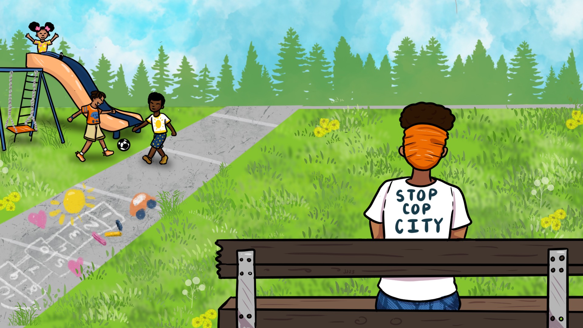A storybook illustration of a Black mother sitting on a bench and watching her son and other Black children play on a playground.