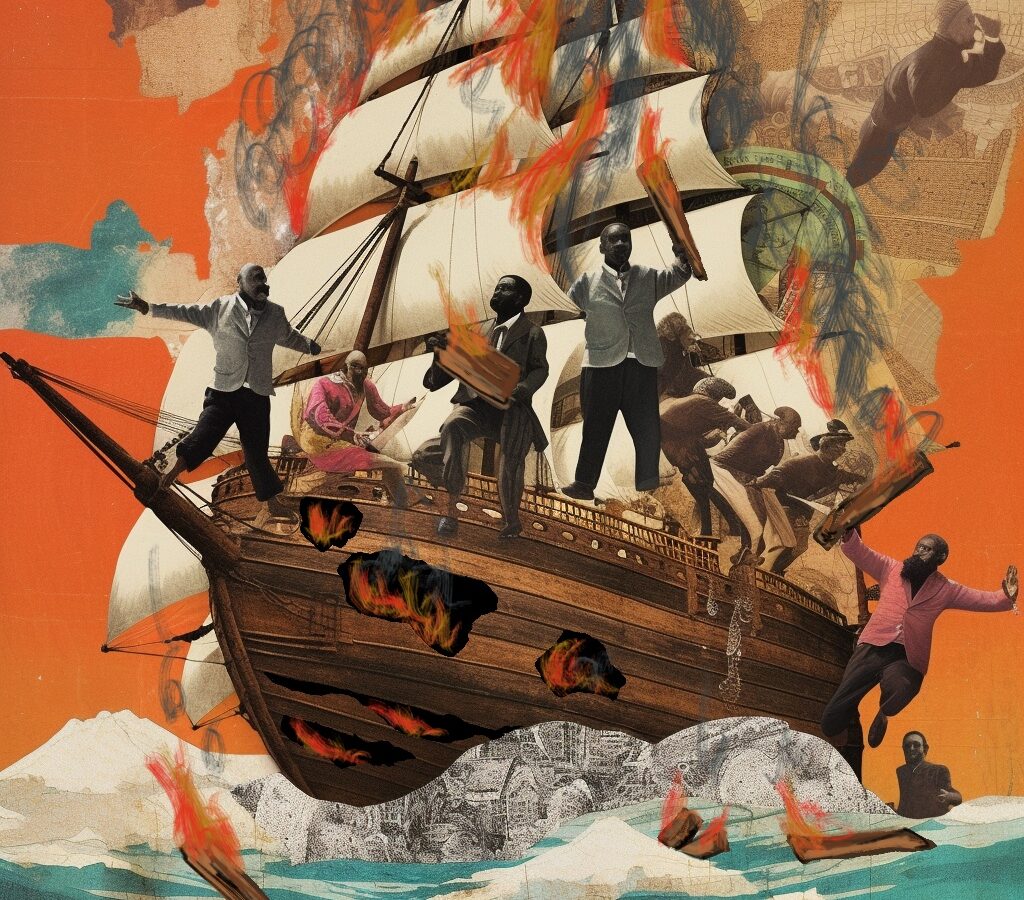 An artistic interpretation of slaves jumping from a burning ship. Leftist organizing in the Black Radical Tradition.