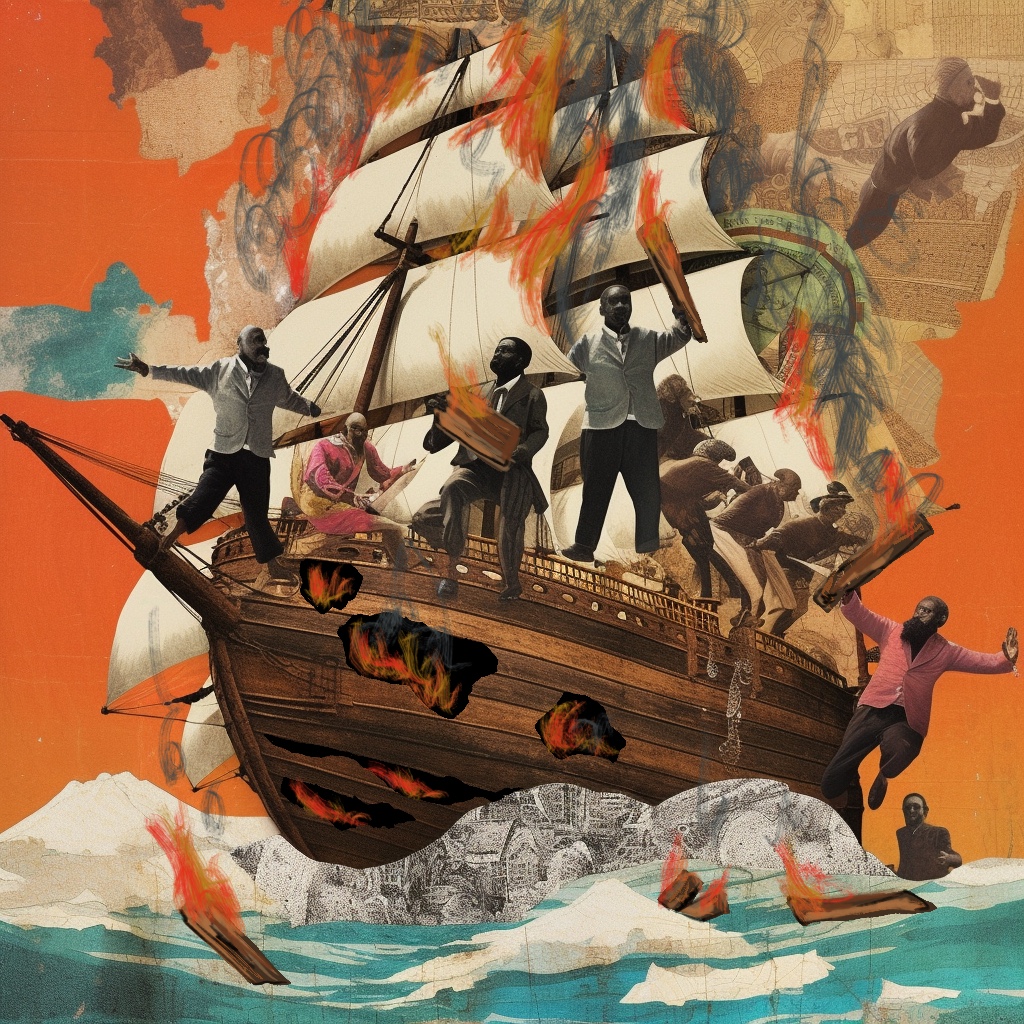 An artistic interpretation of slaves jumping from a burning ship. Leftist organizing in the Black Radical Tradition.