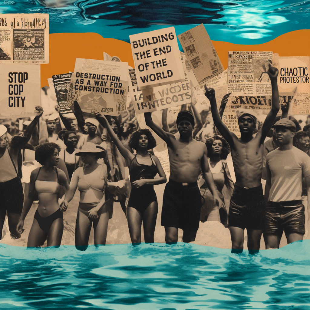 An artistic interpretation of a crowd of Black people protesting at the edge of a body of water. Leftist organizing in the Black Radical Tradition.