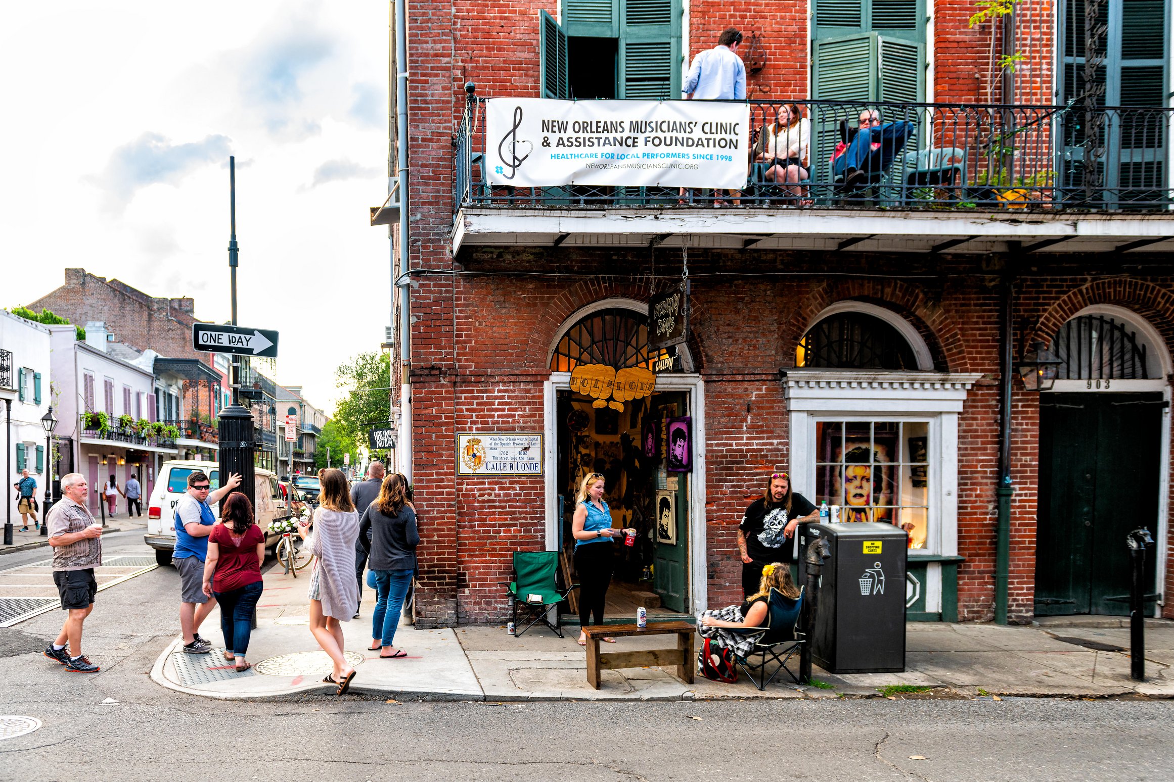 The New Orleans Musicians' Clinic's signage at an event on Dumaine and Chartres street, New Orleans, April 22, 2018. Photo by Andriy Blokhin.