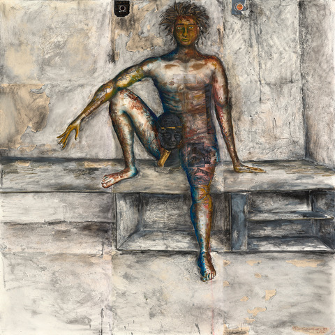 CREDIBLE MESSENGER, 2022
Water-mixable oil, oil pastel, graphite, color pencil, water color, charcoal, and collage (paper, U.S.A. and Cambodian postal stamps, a leaf and foil). 60" x 60", 12 panels.
Facing death and deprived of humanity, Death Row prisoner Obie Weathers uses painting to cope with and challenge a system that condemns him.