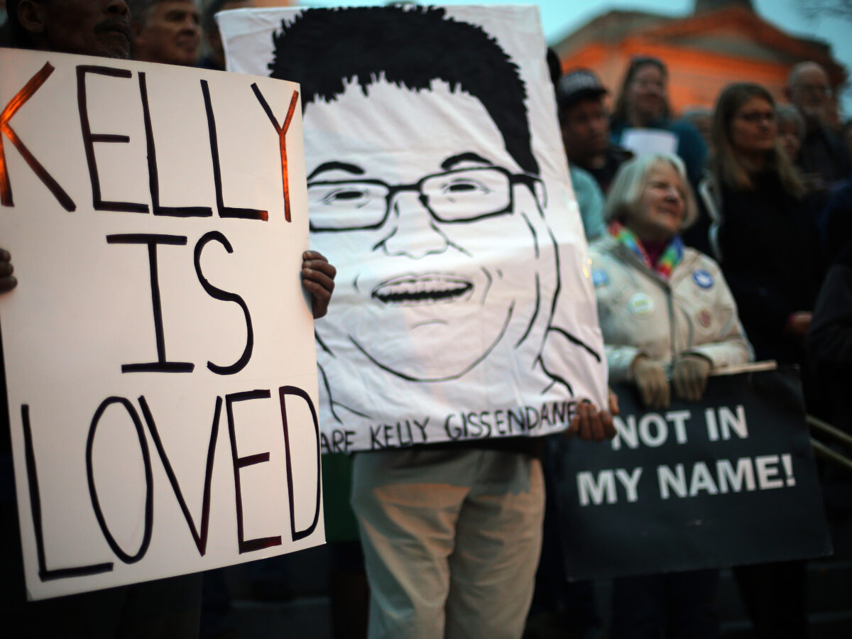 Death penalty opponents gather on the steps of the State Capitol in Atlanta, Ga., Monday, March 2, 2015 to protest the death penalty and the planned execution of Kelly Gissendaner. (AP Photo/Atlanta Journal-Constitution, Ben Gray)