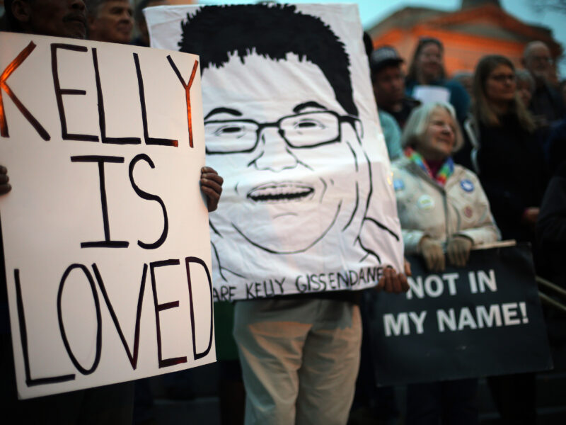 Death penalty opponents gather on the steps of the State Capitol in Atlanta, Ga., Monday, March 2, 2015 to protest the death penalty and the planned execution of Kelly Gissendaner. (AP Photo/Atlanta Journal-Constitution, Ben Gray)