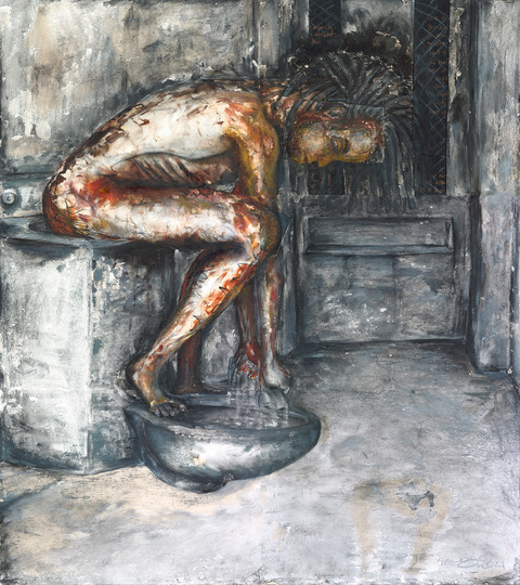 BIRD BATH, 2021
Oil, acrylic, color pencil, and graphite on illustration board. 40" x 45", 6 panels.
Facing death and deprived of humanity, Death Row prisoner Obie Weathers uses painting to cope with and challenge a system that condemns him.