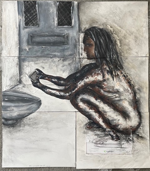 UNDERGROUND SCHOLAR, 2023
Oil, acrylic, color pencil, graphite and collage on illustration board. 40" x 45", 6 panels.
Facing death and deprived of humanity, Death Row prisoner Obie Weathers uses painting to cope with and challenge a system that condemns him.