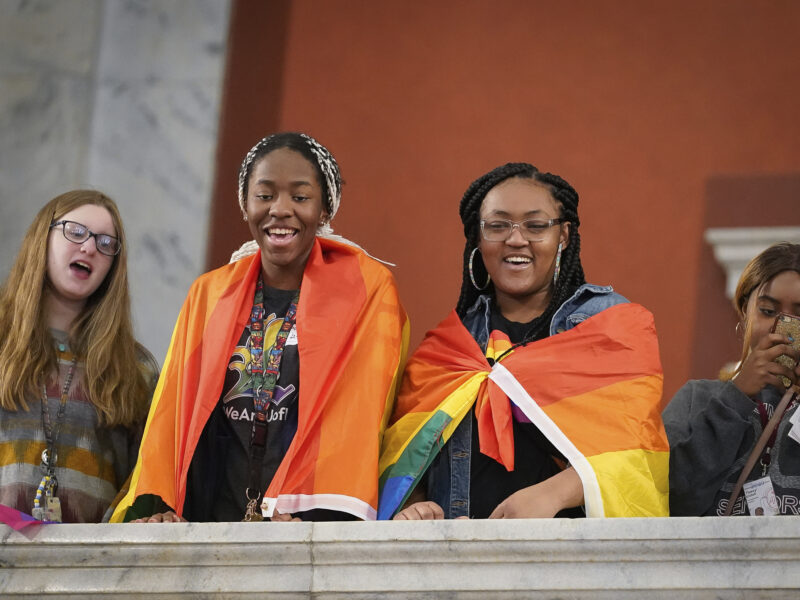 Young people gather during a rally held by Fairness Campaign to advance LGBTQ rights, Wednesday, February 19, 2020, in the Rotunda at the State Capitol, Frankfort, Kentucky. (AP Photo/Bryan Woolston) Finding hope and solidarity for LGBTQ Kentucky youth. A trans student on how they and other LGBTQ Kentucky youth are dealing with the mental health fallout of Senate Bill 150 in schools.