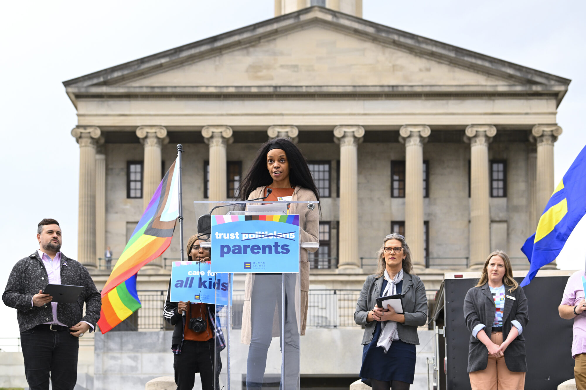 Dakerri Rhone of the Human Rights Campaign speaks during a news conference held by the Human Rights Campaign to draw attention to anti-drag bills in the Tennessee legislature, on Tuesday, February 14, 2023, in Nashville, Tennessee. (John Amis/AP Images for Human Rights Campaign) The mental health toll of anti-LGBTQ+ bills on Tennessee students. Tennessee has passed a record number of anti-LGBTQ+ bills attacking students' rights, mental health, and well-being.