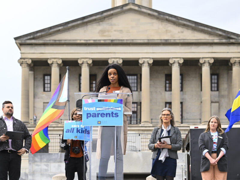 Dakerri Rhone of the Human Rights Campaign speaks during a news conference held by the Human Rights Campaign to draw attention to anti-drag bills in the Tennessee legislature, on Tuesday, February 14, 2023, in Nashville, Tennessee. (John Amis/AP Images for Human Rights Campaign) The mental health toll of anti-LGBTQ+ bills on Tennessee students. Tennessee has passed a record number of anti-LGBTQ+ bills attacking students' rights, mental health, and well-being.