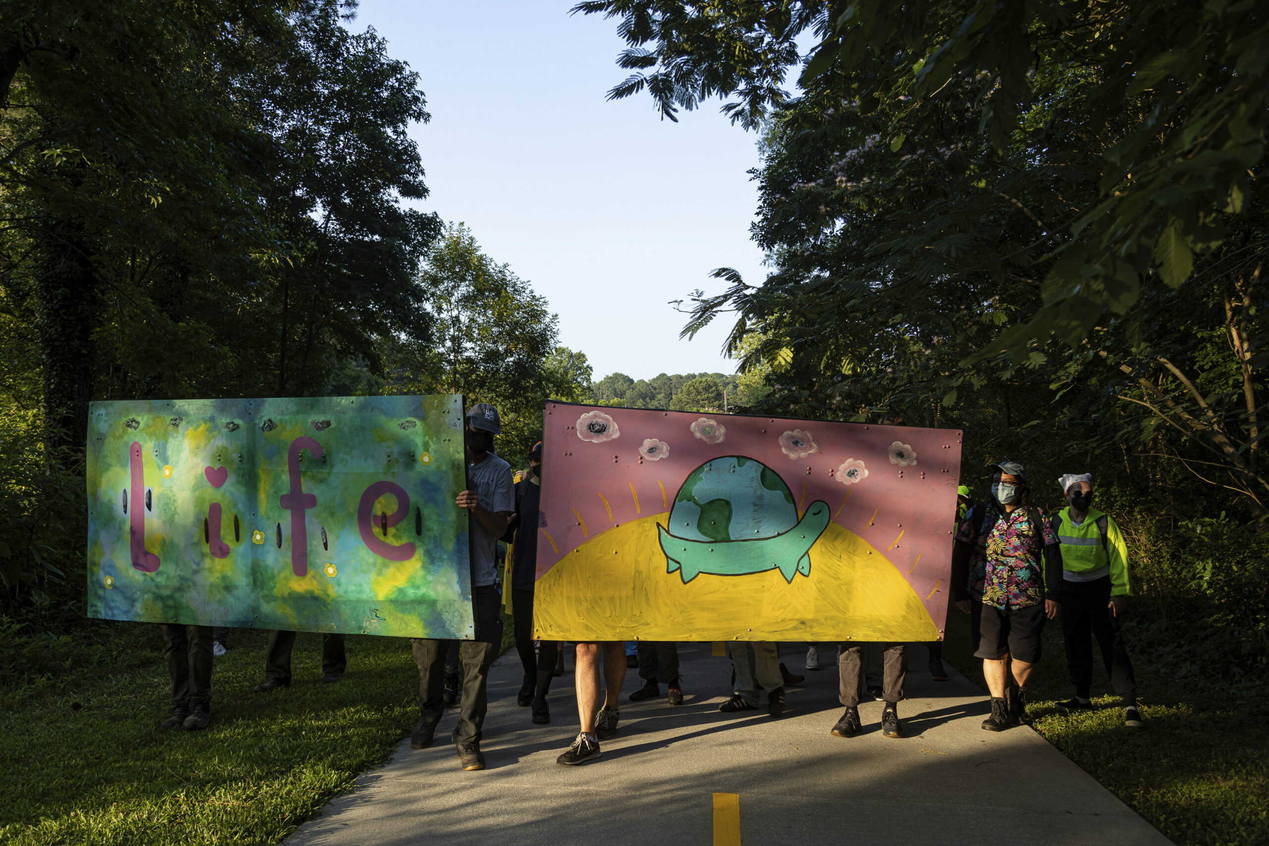 'Stop Cop City protesters march from Atlanta's Gresham Park in honor of slain protester Manuel Teran on June 28, 2023. Photo by Collin Mayfield, SIPA USA.(Sipa via AP Images)
Mutual aid allows movements to resist and transform oppressive systems. It could also be what ultimately sustains us against climate change.