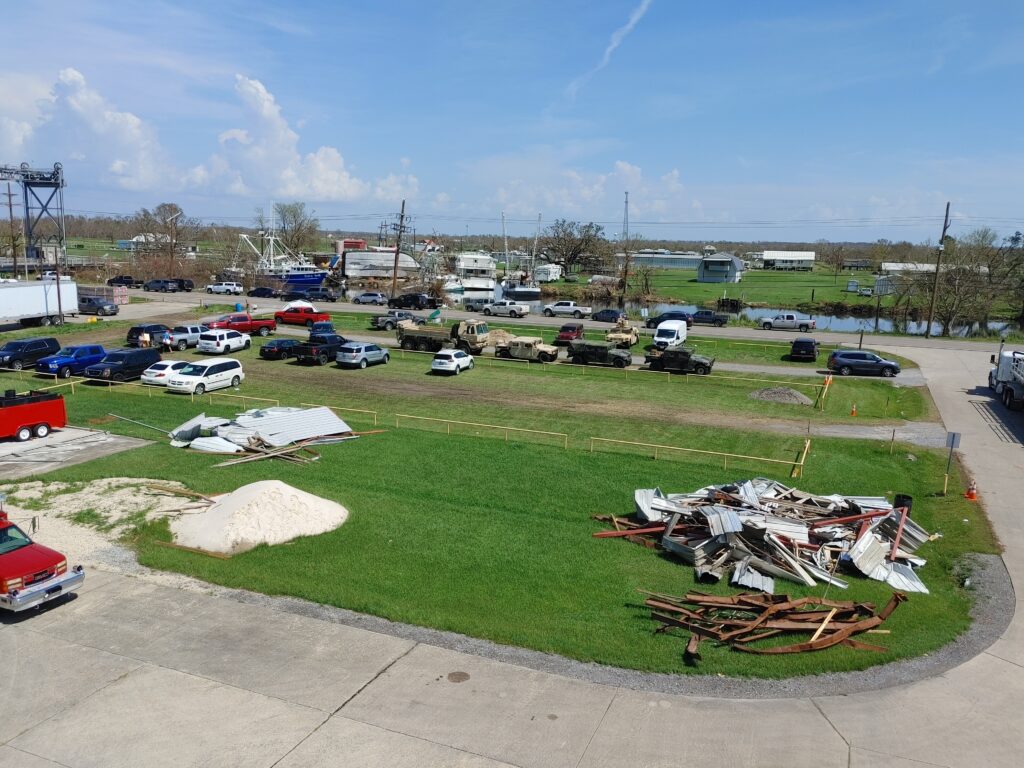 After Ida, Chauvin residents became used to seeing piles of debris around the community, such as in this parking area of the Ward 7 Citizen Center–seen from the fire department training tower.